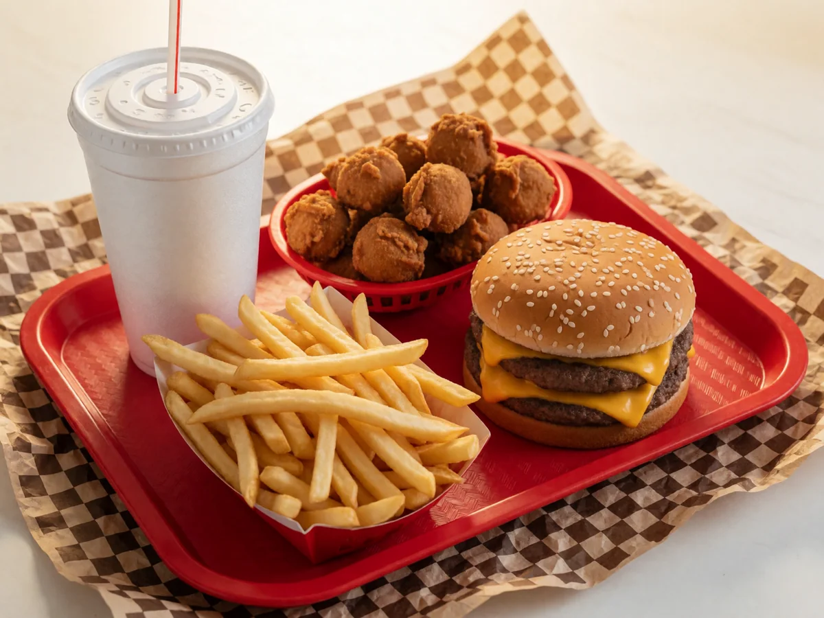 Cookout Tray with a double cheeseburger, fries, hushpuppies and a drink in a white foam cup