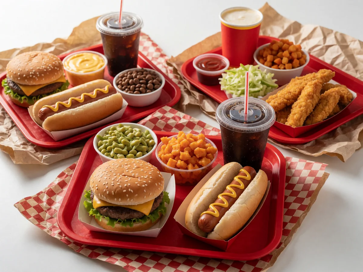 Three Cookout Tray combos with burgers, hot dogs and chicken strips plus sides and drinks