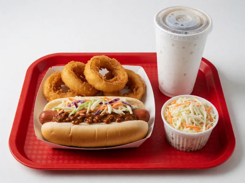 Overhead view of a tray with a chili slaw hot dog, onion rings, slaw and a drink
