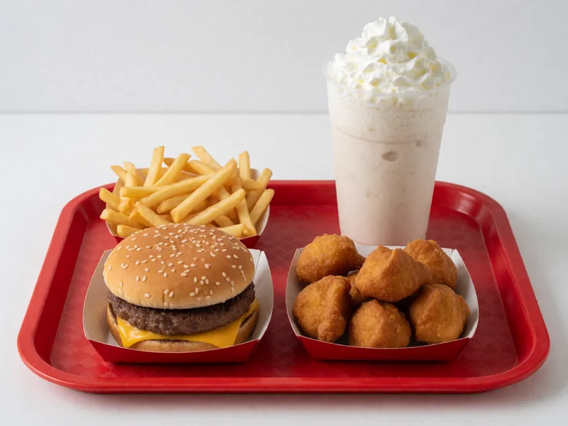 Cookout Tray with a burger, fries, hushpuppies and a milkshake