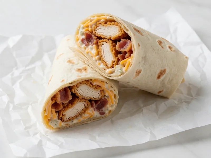Cookout Bacon Ranch Wrap cut in half, showing crispy chicken, bacon, cheese and ranch