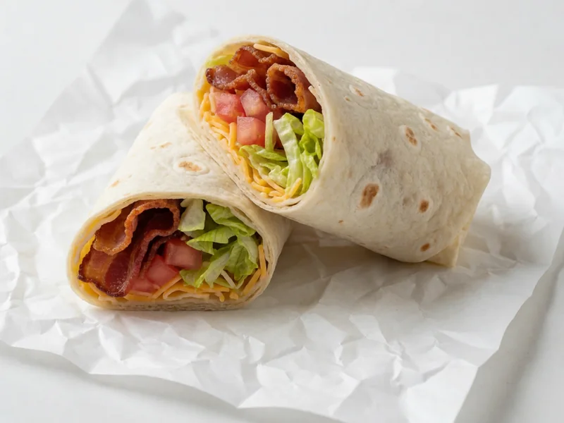 Cookout Bacon Wrap cut in half, showing bacon, lettuce, tomato and cheese