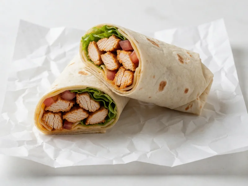 Cookout Cajun Chicken Wrap cut in half, showing Cajun chicken, lettuce, tomato and cheese