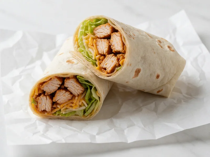 Cookout Cajun Wrap cut in half, showing Cajun chicken, lettuce and cheese