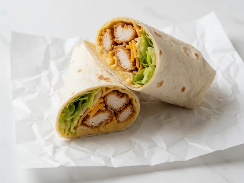 Cookout Honey Mustard Wrap cut in half, showing crispy chicken, lettuce and cheese