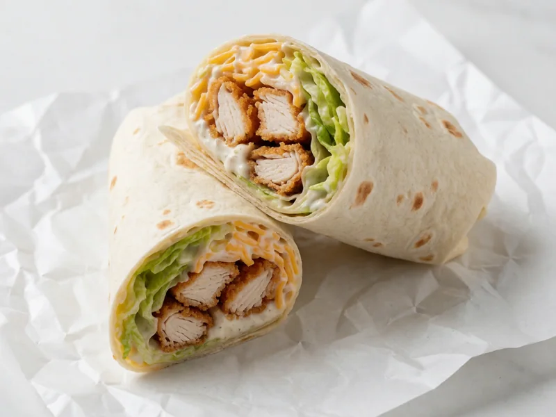 Cookout Ranch Wrap cut in half, showing crispy chicken, lettuce, cheese and ranch