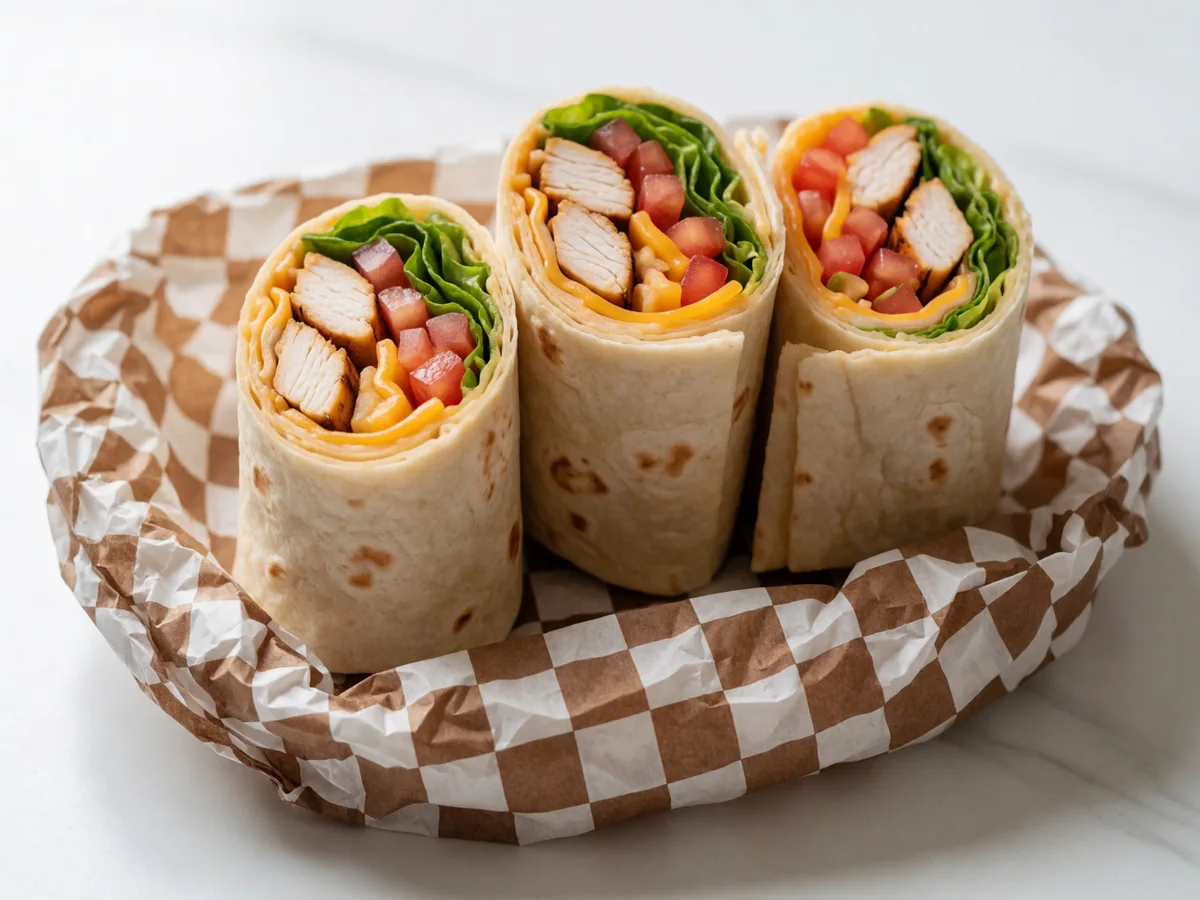 Three Cookout chicken wraps cut open to show chicken, lettuce, tomato and cheese